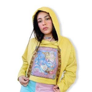 UO patchwork colorblocked upcycled cropped hoodie Celtic siren